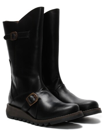 Fly London Mes II Black Leather Low Wedge Calf Boots