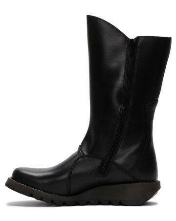 Fly London Mes II Black Leather Low Wedge Calf Boots