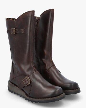 Fly London Mes II Brown Leather Low Wedge Calf Boots