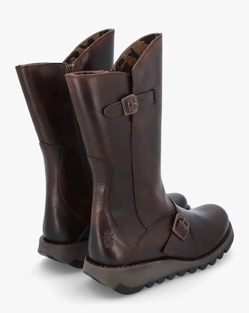 Fly London Mes II Brown Leather Low Wedge Calf Boots