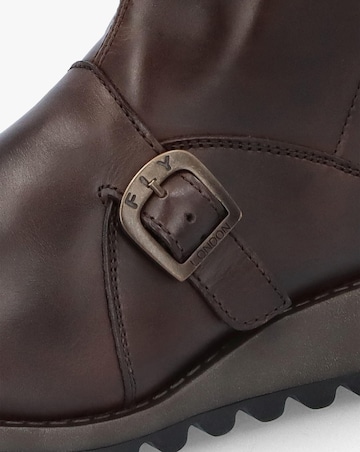 Fly London Mes II Brown Leather Low Wedge Calf Boots