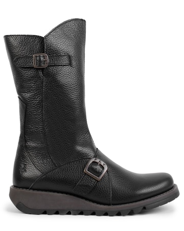 Fly London Mes Black Pebbled Leather Low Wedge Calf Boots