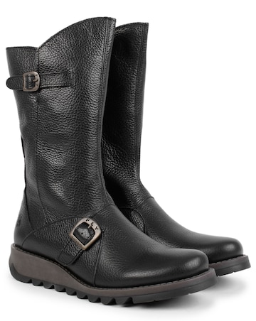 Fly London Mes Black Pebbled Leather Low Wedge Calf Boots