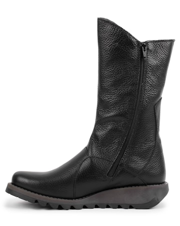 Fly London Mes Black Pebbled Leather Low Wedge Calf Boots