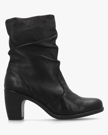 Fly London Klei Black Leather Rouched Block Heel Ankle Boots