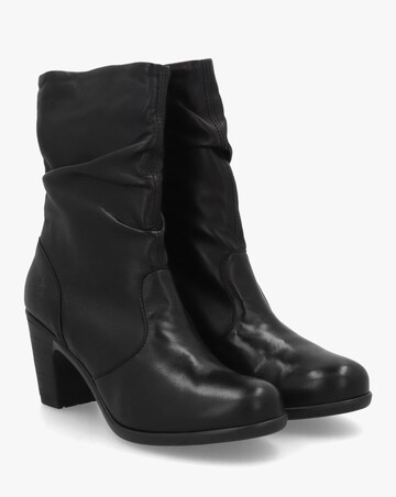 Fly London Klei Black Leather Rouched Block Heel Ankle Boots