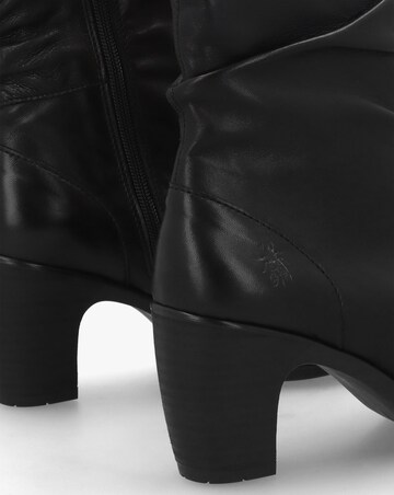 Fly London Klei Black Leather Rouched Block Heel Ankle Boots