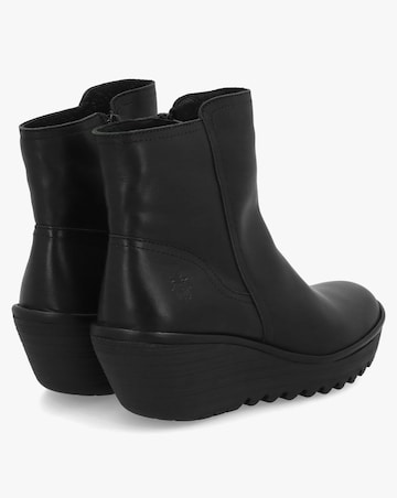 Fly London Yeti Black Leather Wedge Ankle Boots