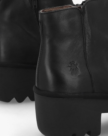 Fly London Tulp Black Leather Rouched Block Heel Ankle Boots