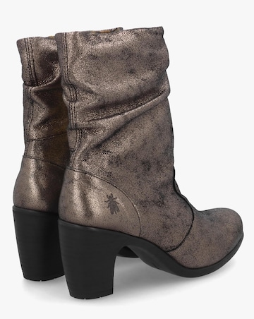 Fly London Klei Cool Graphite Leather Rouched Block Heel Ankle Boots
