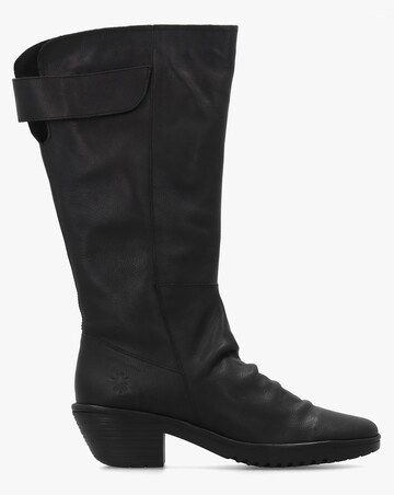 Fly London Waki Black Leather Stacked Heel Knee Boots