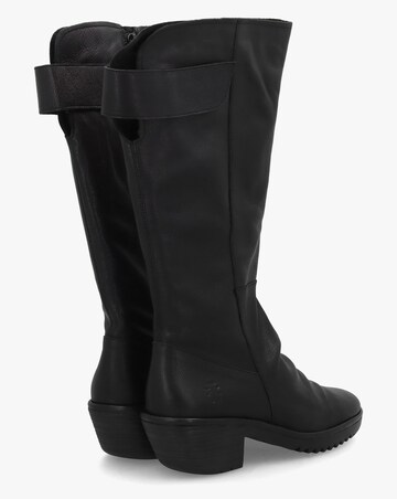 Fly London Waki Black Leather Stacked Heel Knee Boots