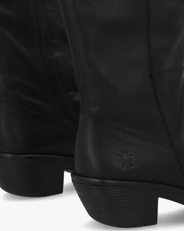 Fly London Waki Black Leather Stacked Heel Knee Boots