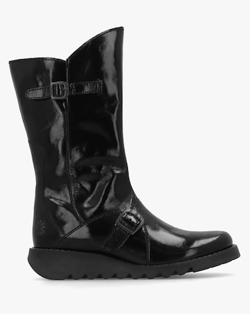 Fly London Mes II Black Patent Leather Low Wedge Calf Boots