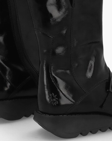 Fly London Mes II Black Patent Leather Low Wedge Calf Boots