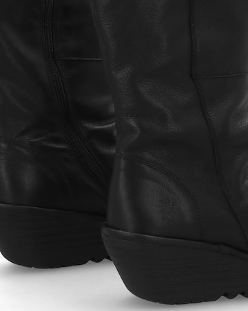 Fly London Yulo Black Leather Wedge Knee Boots