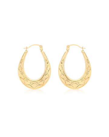 9ct Gold Patterned Oval Creole Earrings