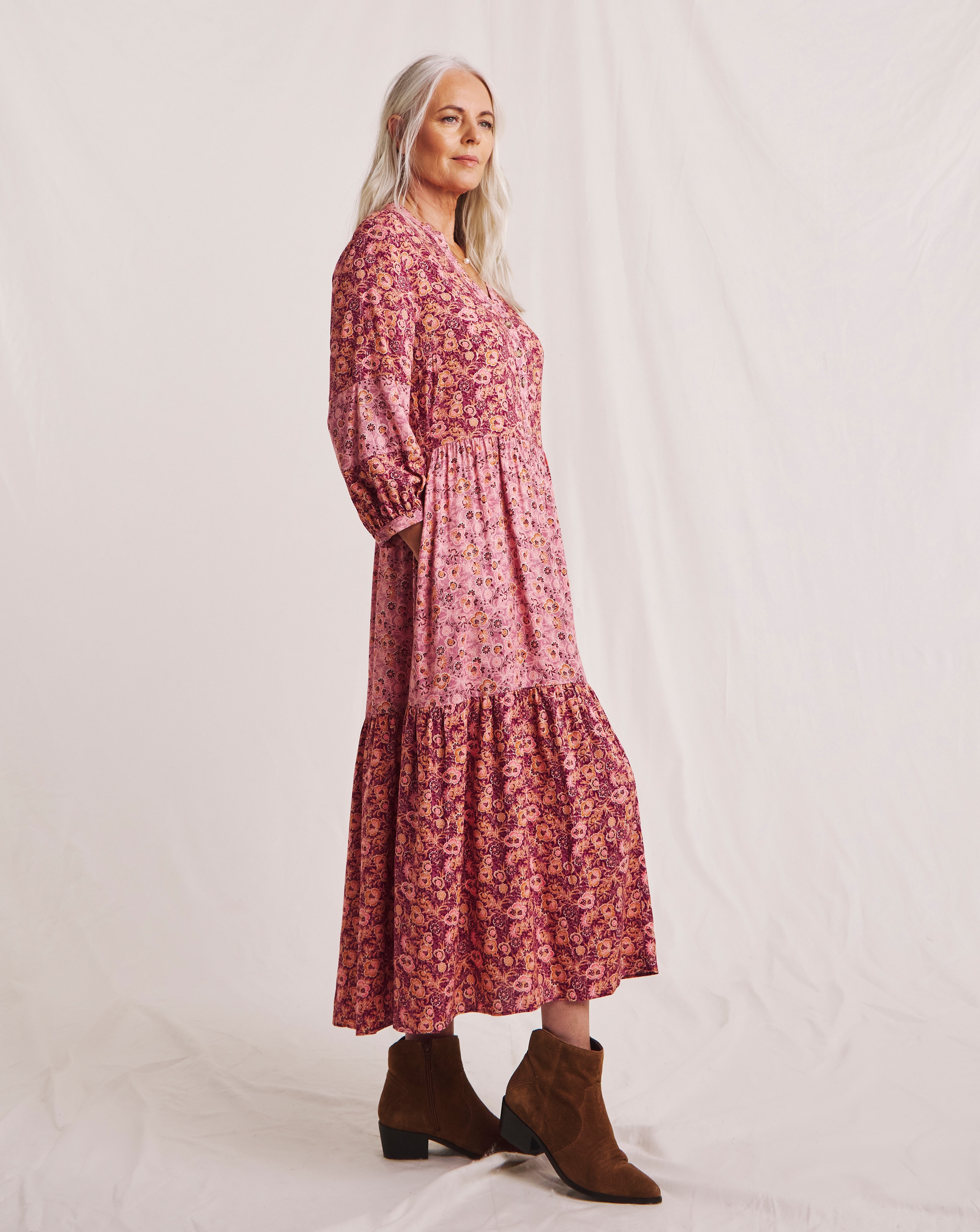 Julipa Tiered Mix Print Midi Dress