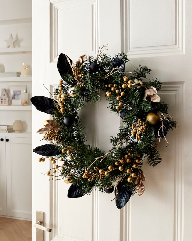 Gold and Blue Berry Leaves Wreath