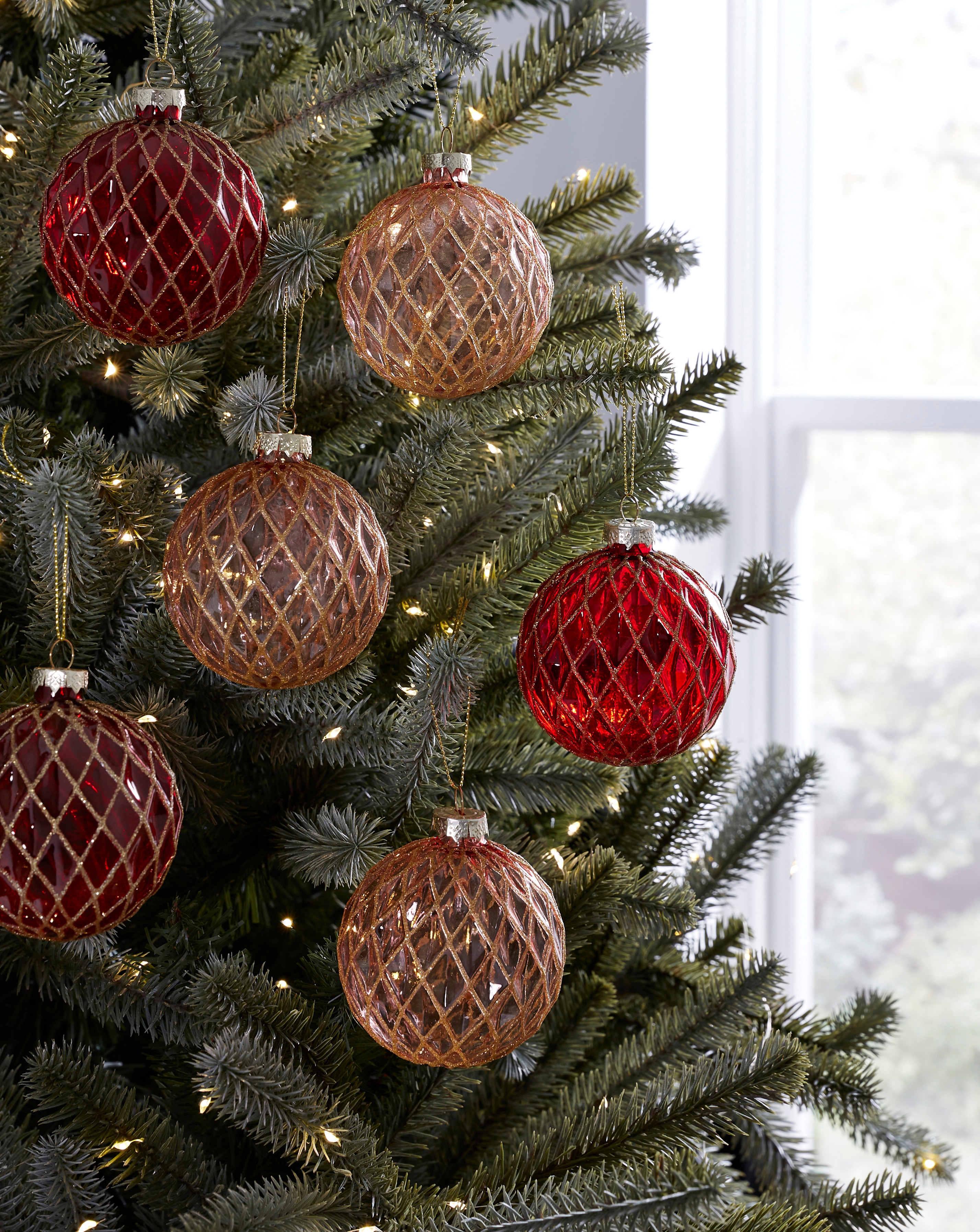 6 Red & Pink Baubles with Gold Glitter