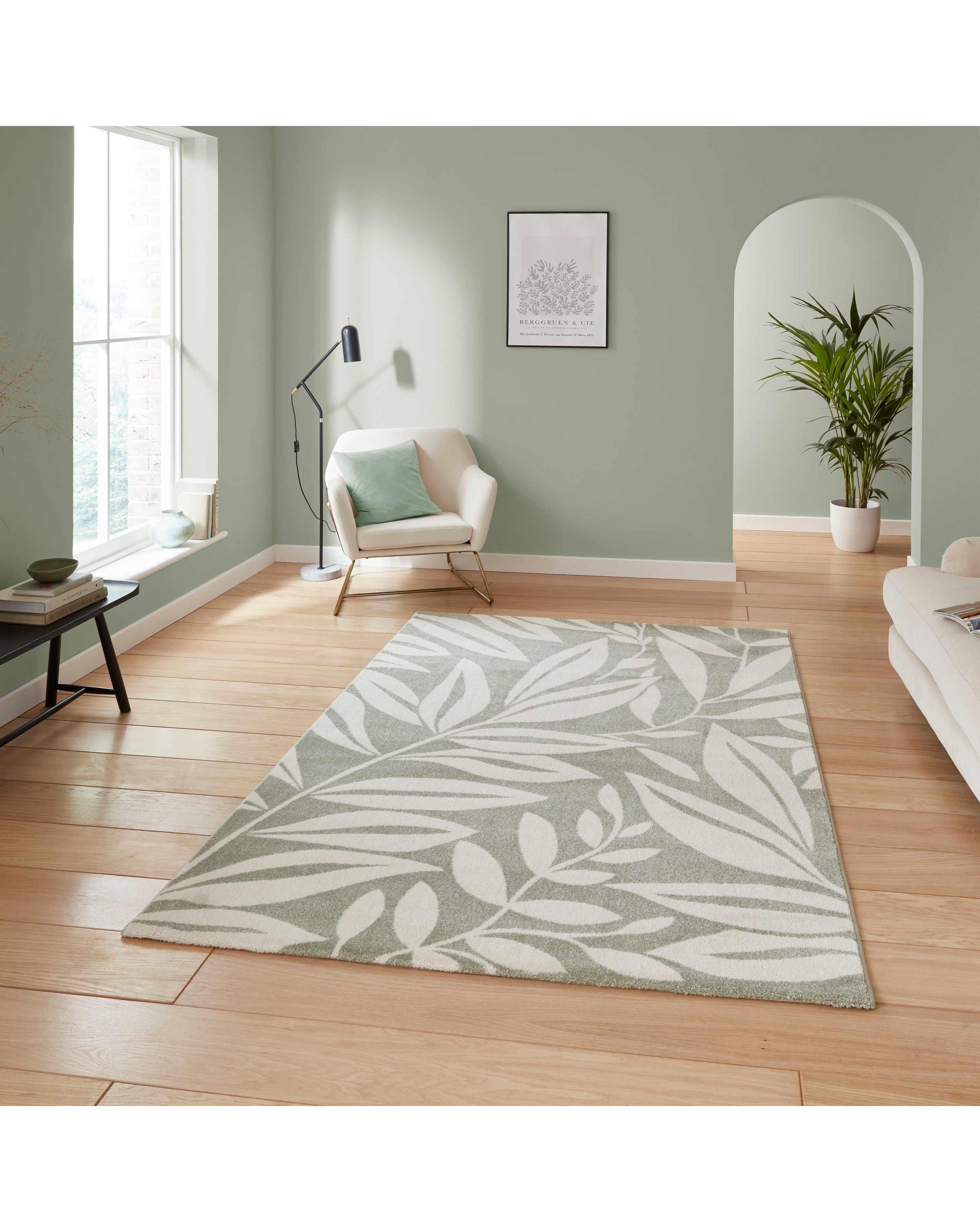 Catherine Lansfield Sorral Leaves Rug - Sage Green