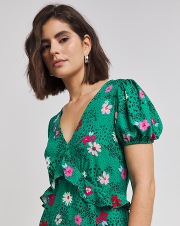Green Floral Print Supersoft Jersey Frill Midi Dress