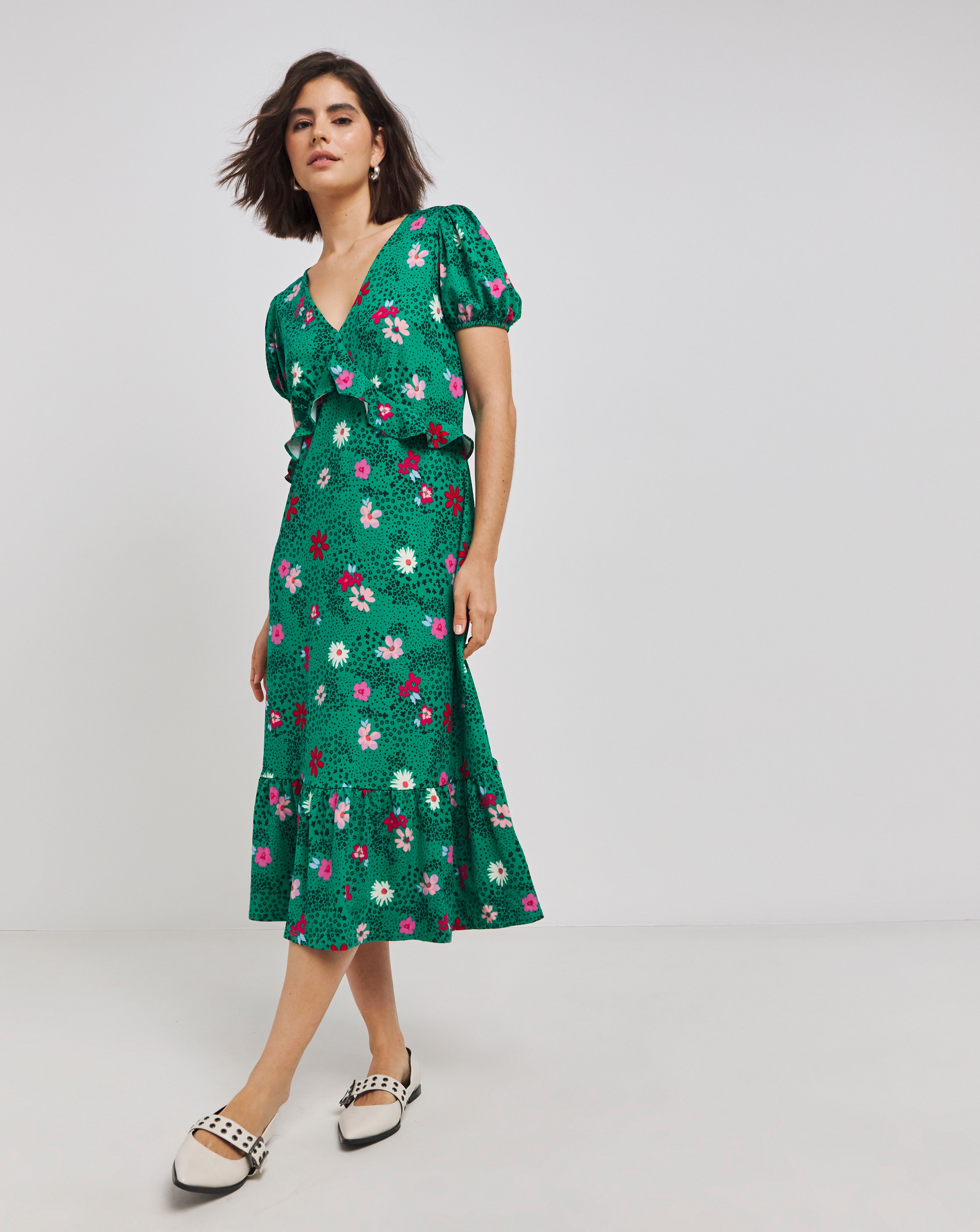 Green Print Supersoft Frill Midi Dress