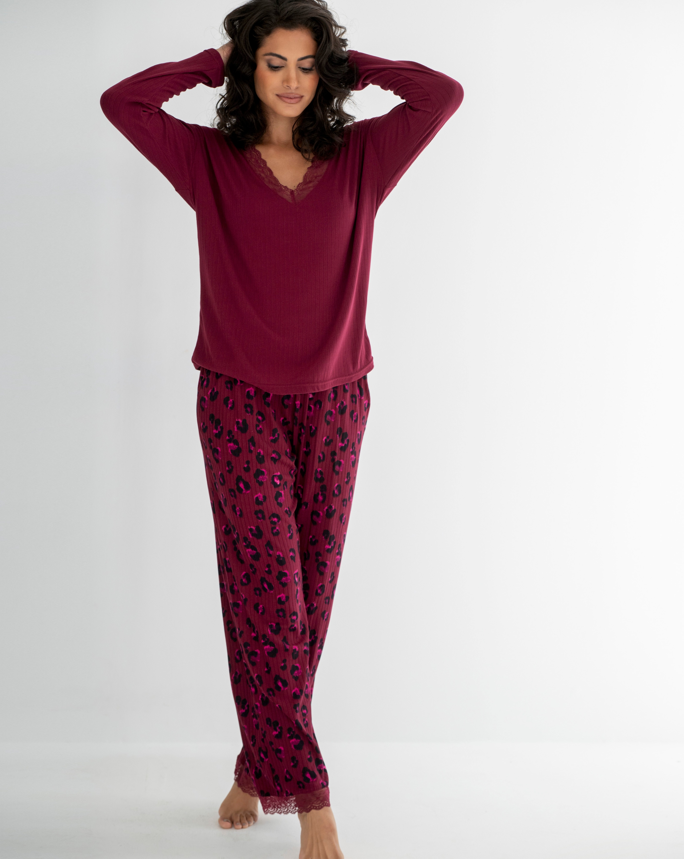 Rib Lace Trim V Neck Lounge Pyjama Set