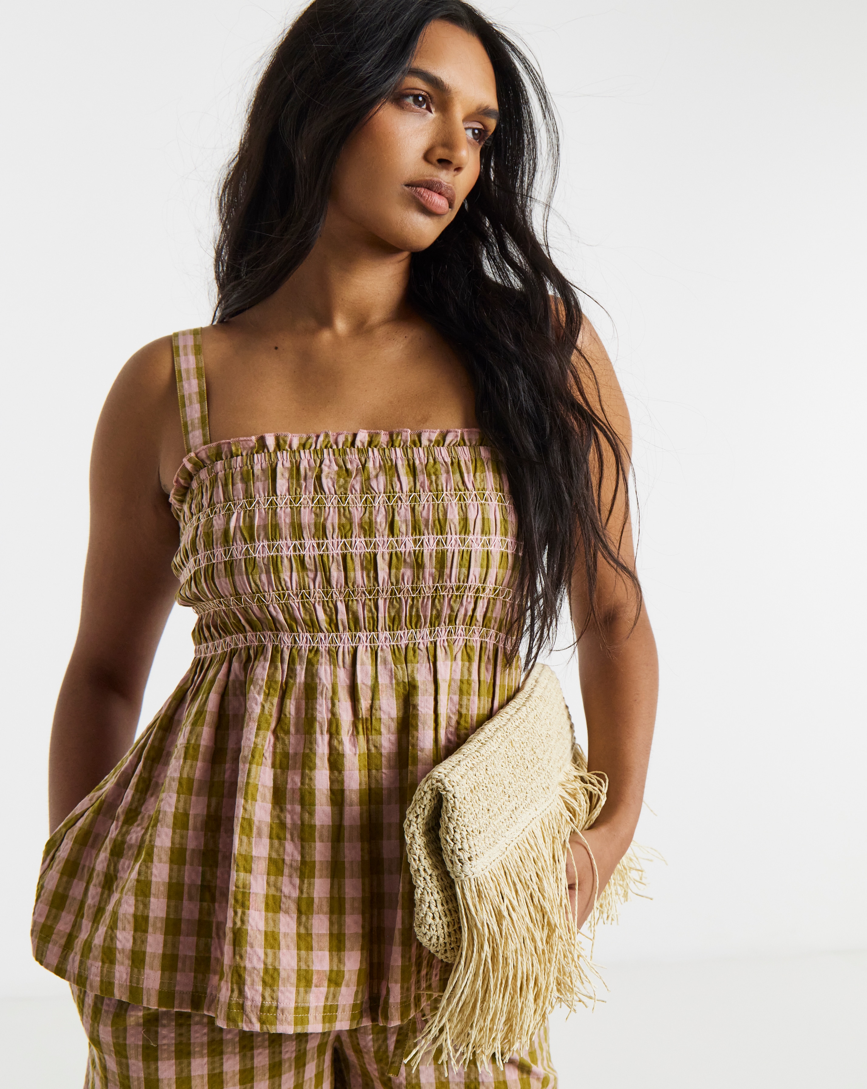 Brown and Pink Gingham Shirred Detail Square Neck Cami
