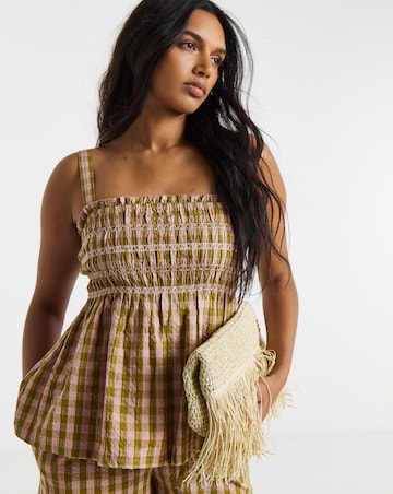 Brown and Pink Gingham Shirred Detail Square Neck Cami