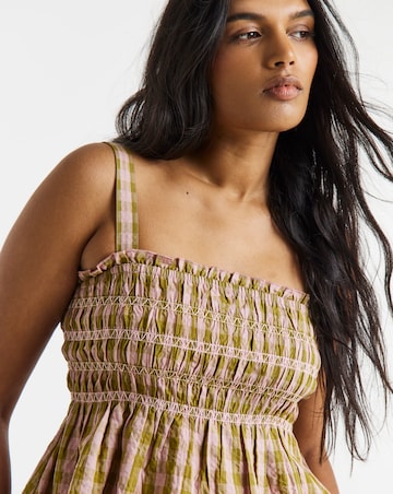 Brown and Pink Gingham Shirred Detail Square Neck Cami