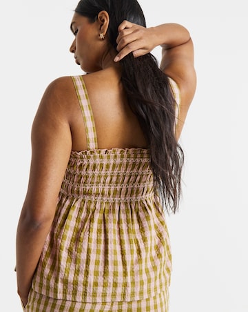 Brown and Pink Gingham Shirred Detail Square Neck Cami