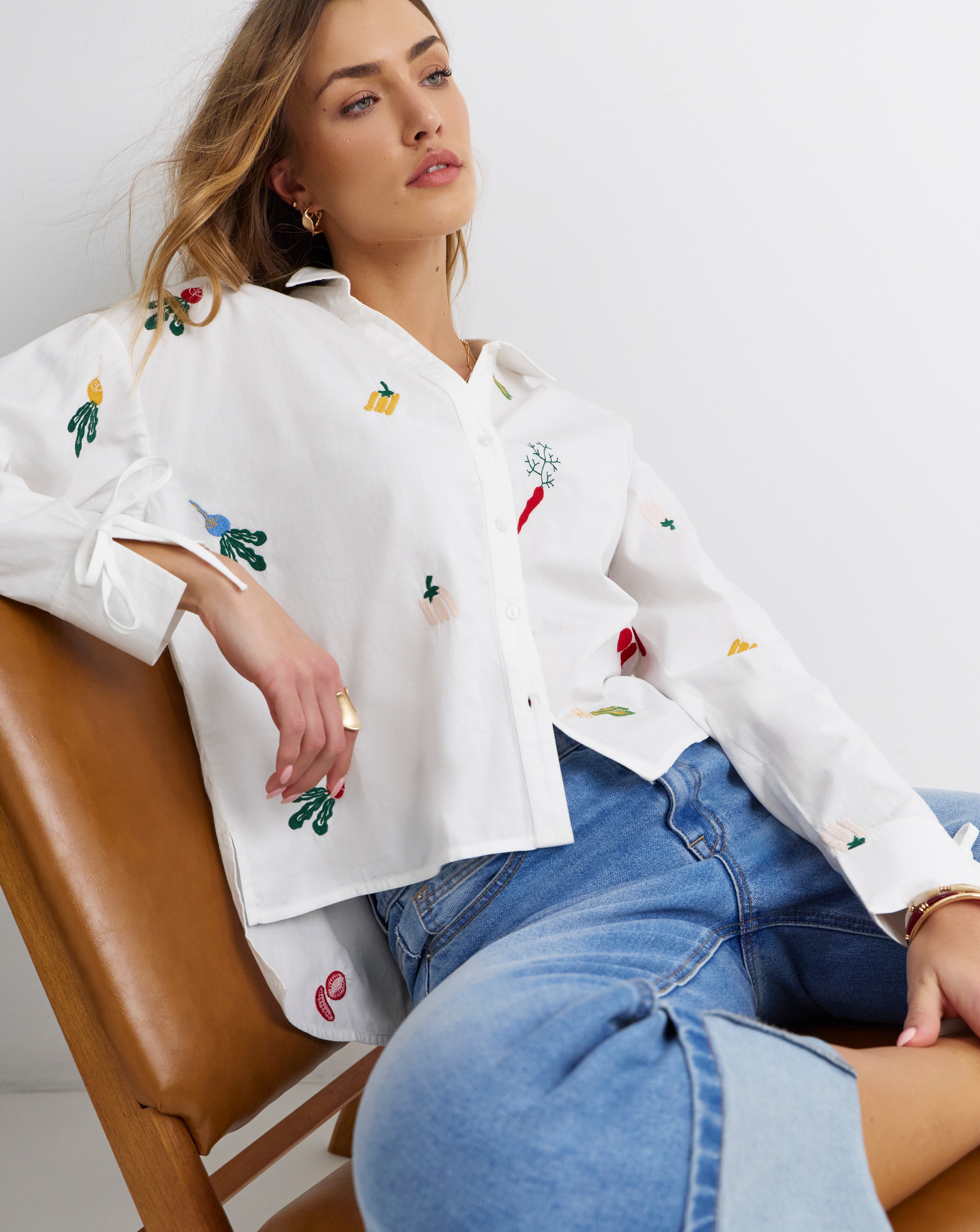 White Embroidered Cuff Detail Shirt