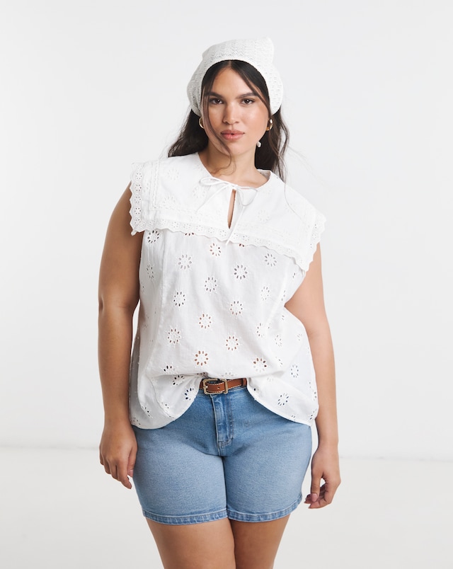White Collar Detail Broderie Top