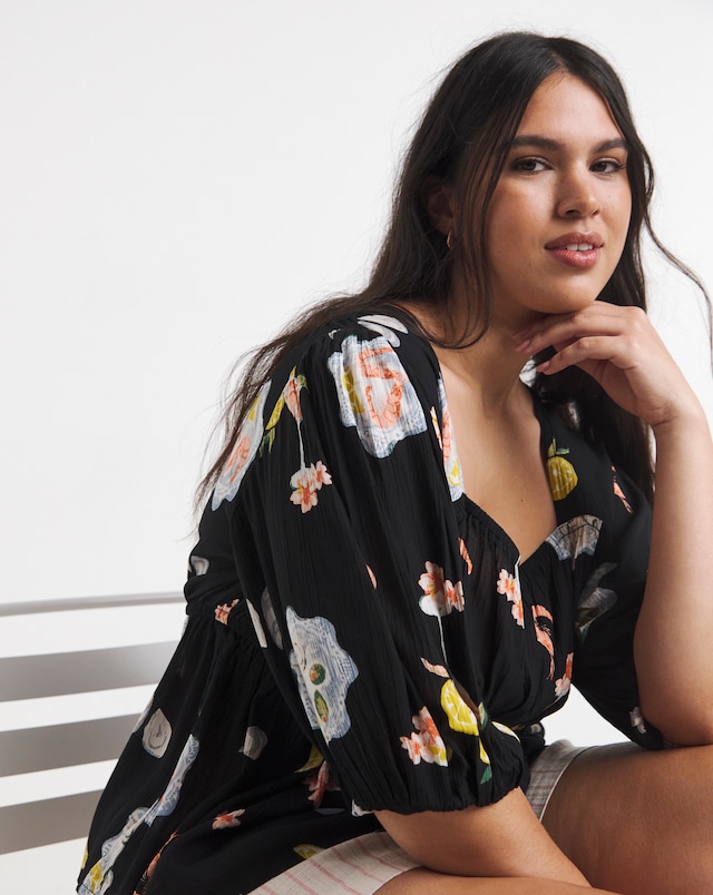 Multi Print Shirred Detail Peplum Top
