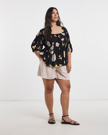 Multi Print Shirred Detail Peplum Top