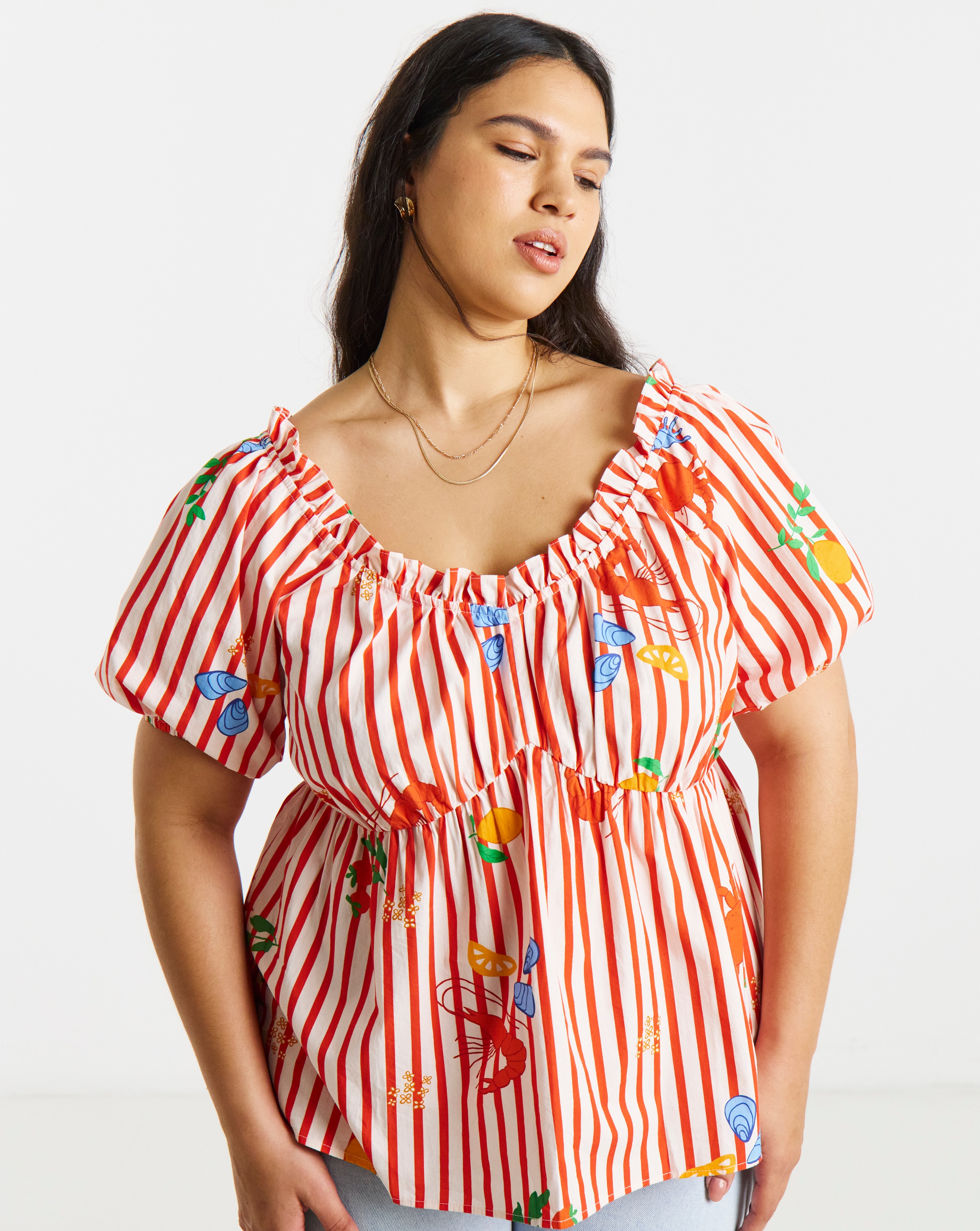 Red Stripe Puff Sleeve Top