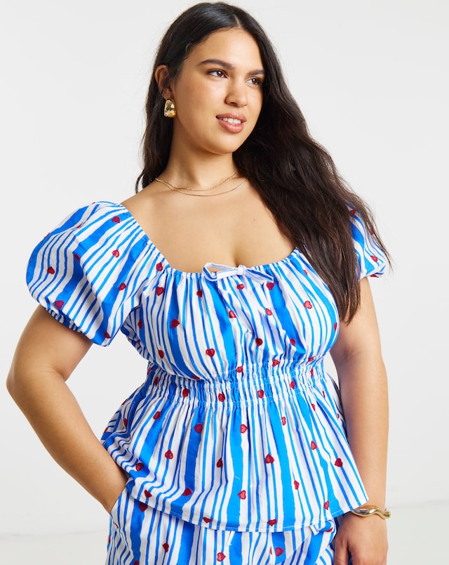 Blue Stripe Embroidered Top