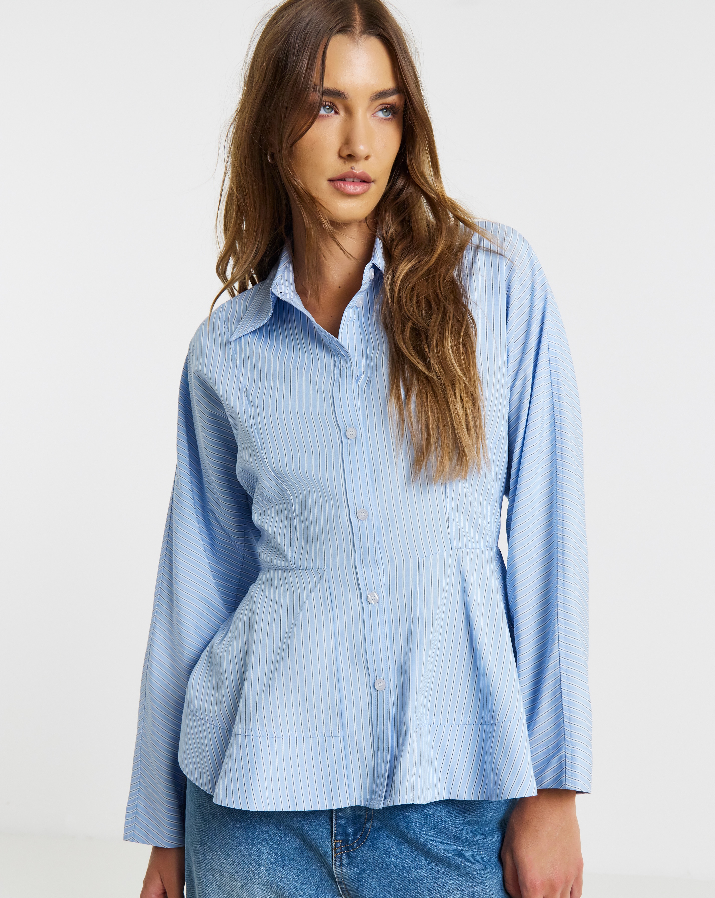 Simply Be Blue Stripe Peplum Detail Long Sleeve Shirt