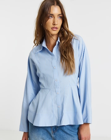 Simply Be Blue Stripe Peplum Detail Long Sleeve Shirt