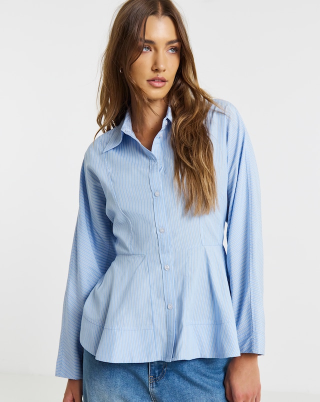 Simply Be Blue Stripe Peplum Detail Long Sleeve Shirt