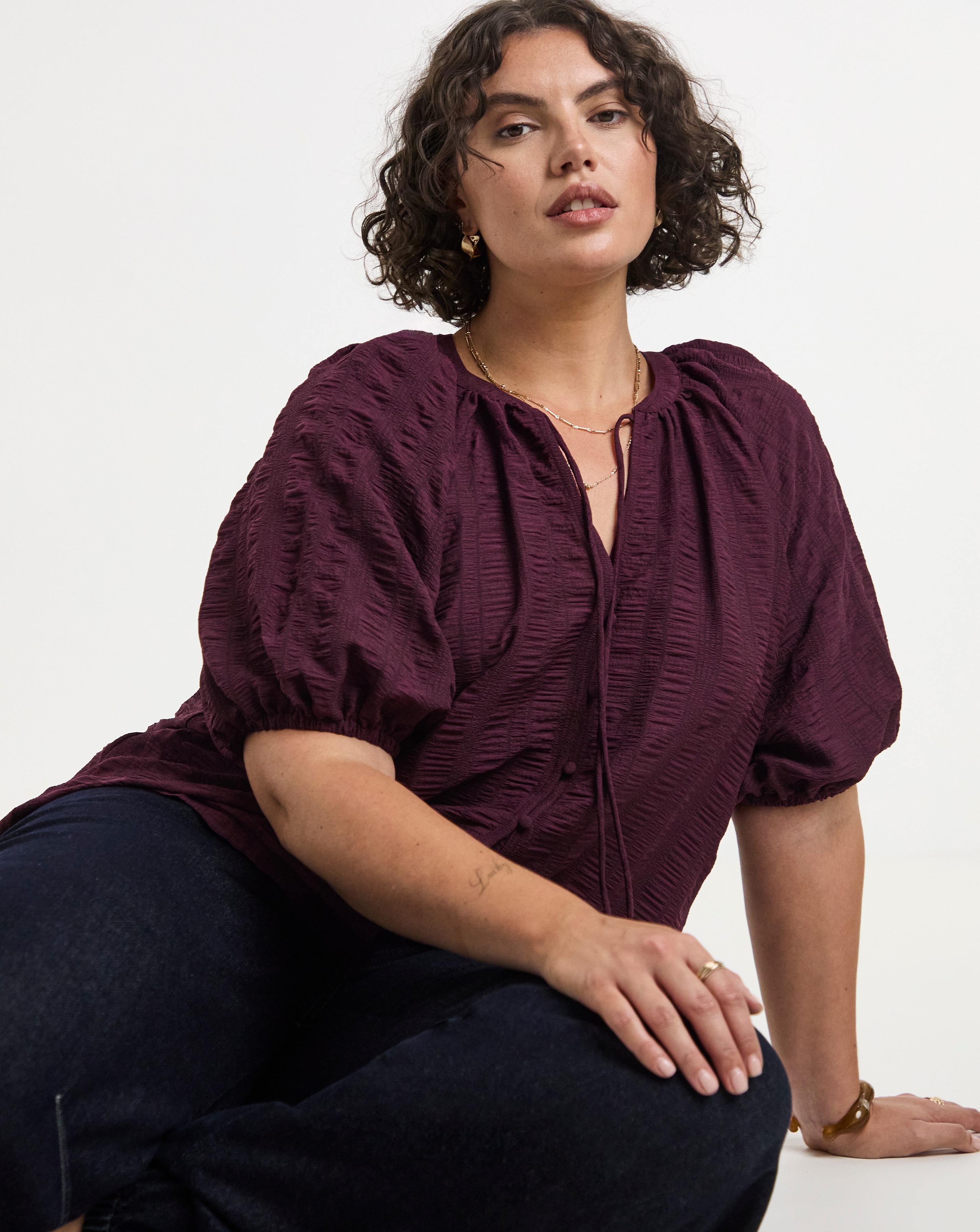 Simply Be Burgundy Textured Puff Sleeve Top