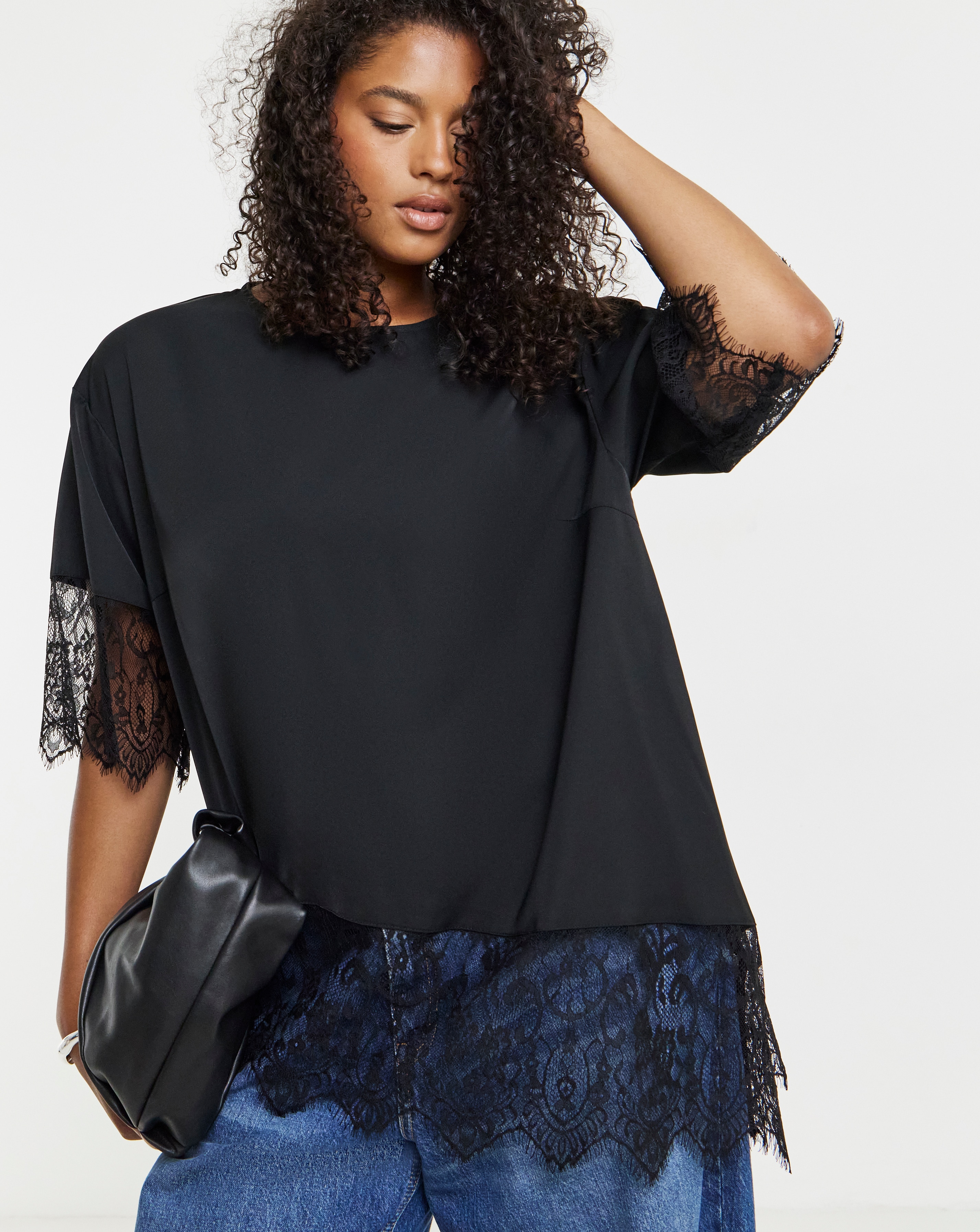 Simply Be Black Lace Trim Boxy Top | JD Williams