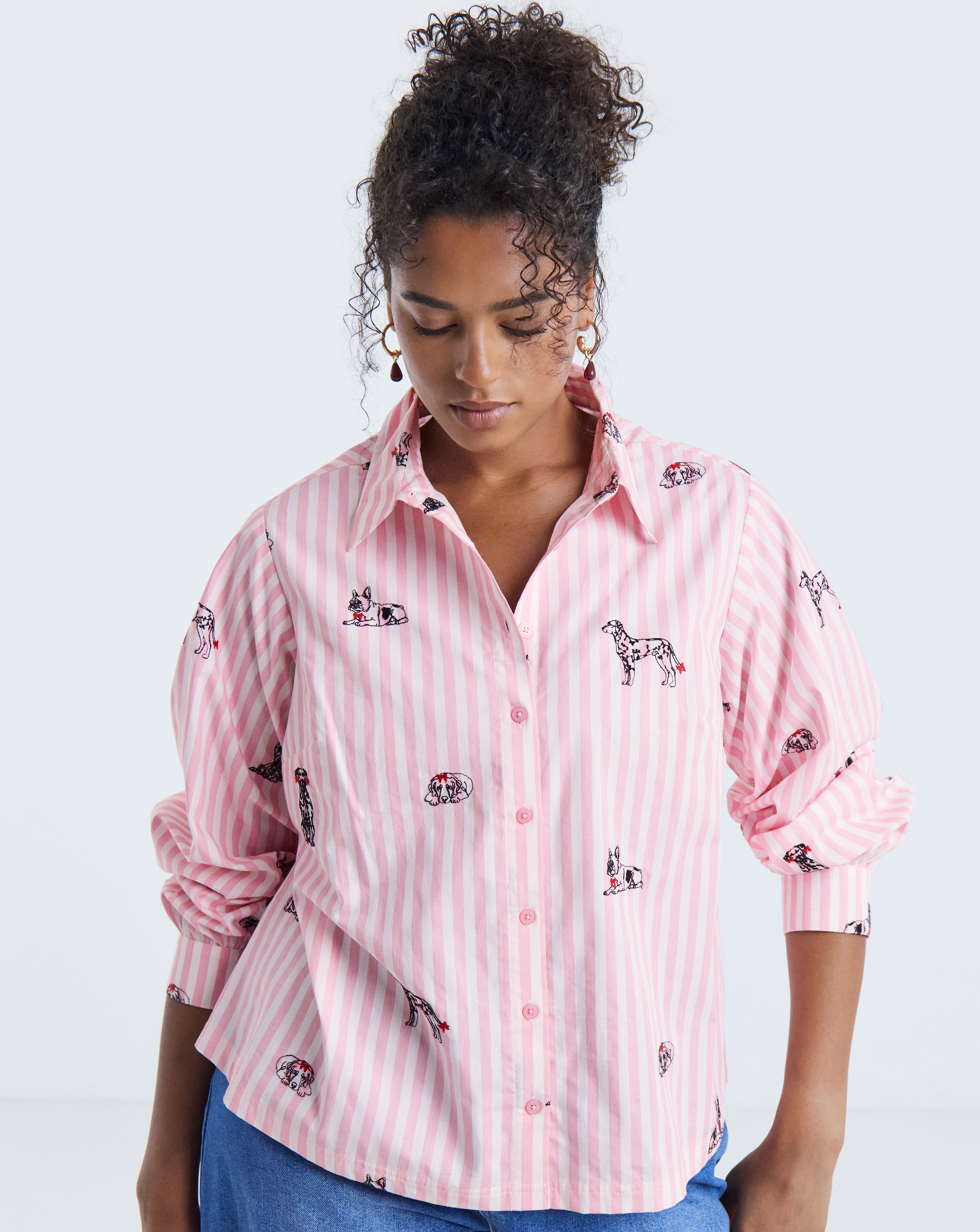 Simply Be Pink Stripe Dog Embroidery Shirt