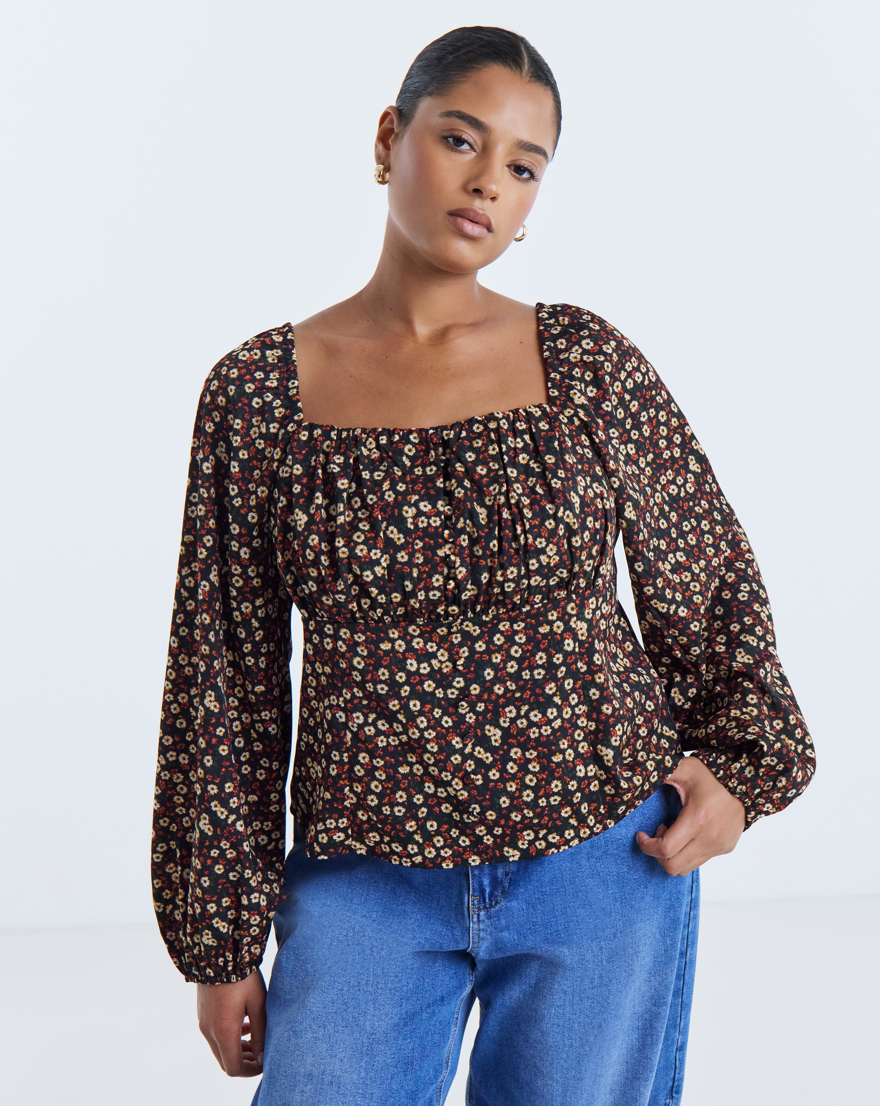 Simply Be Ditsy Floral Blouson Sleeve Blouse
