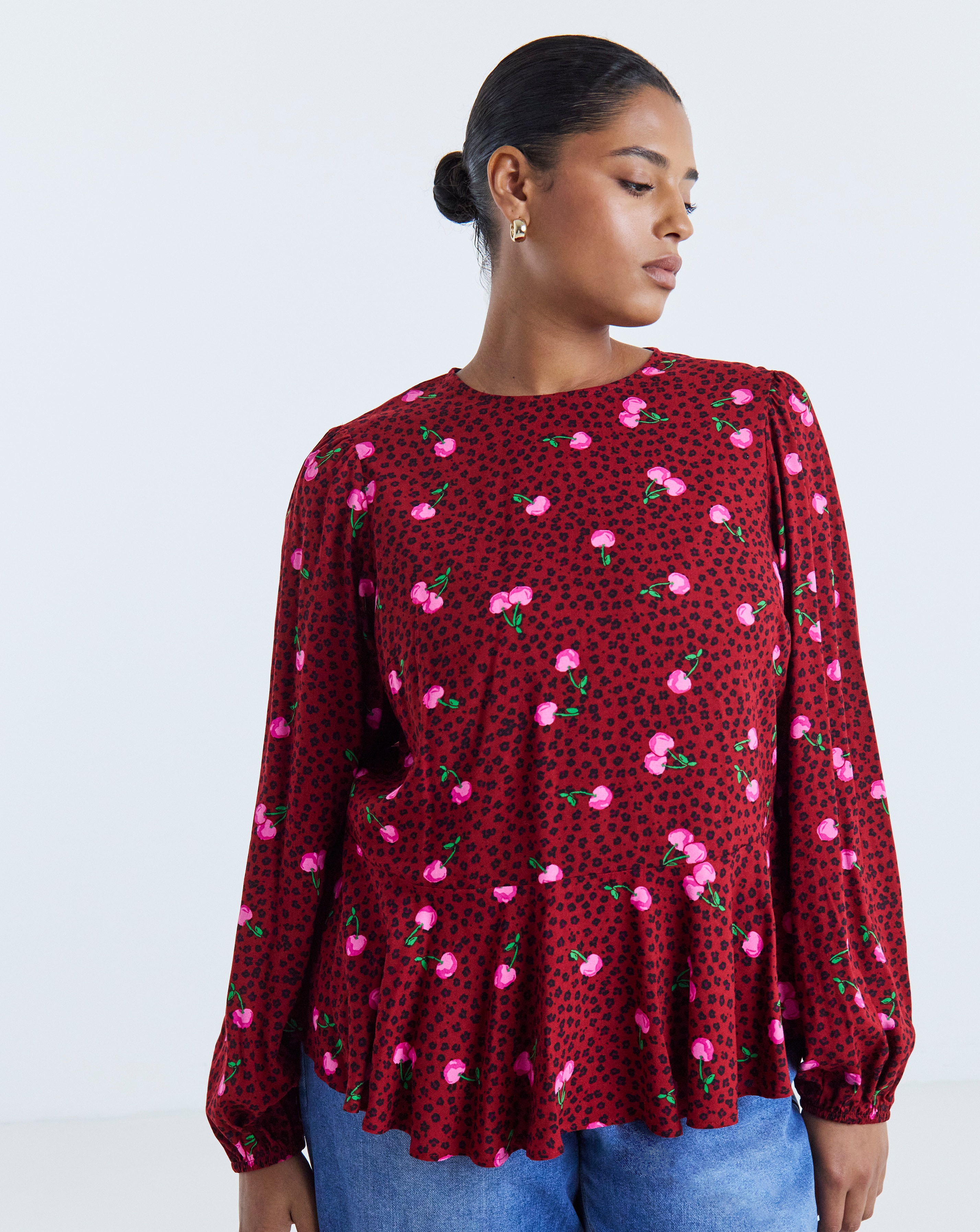 Simply Be Cherry Print Long Sleeve Peplum Top