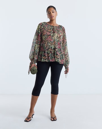 Simply Be Green Ditsy Print Shirred Neckline Long Sleeve Blouse