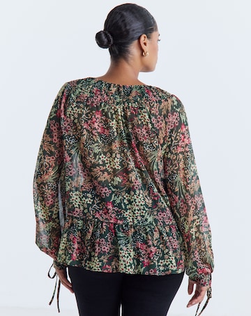 Simply Be Green Ditsy Print Shirred Neckline Long Sleeve Blouse