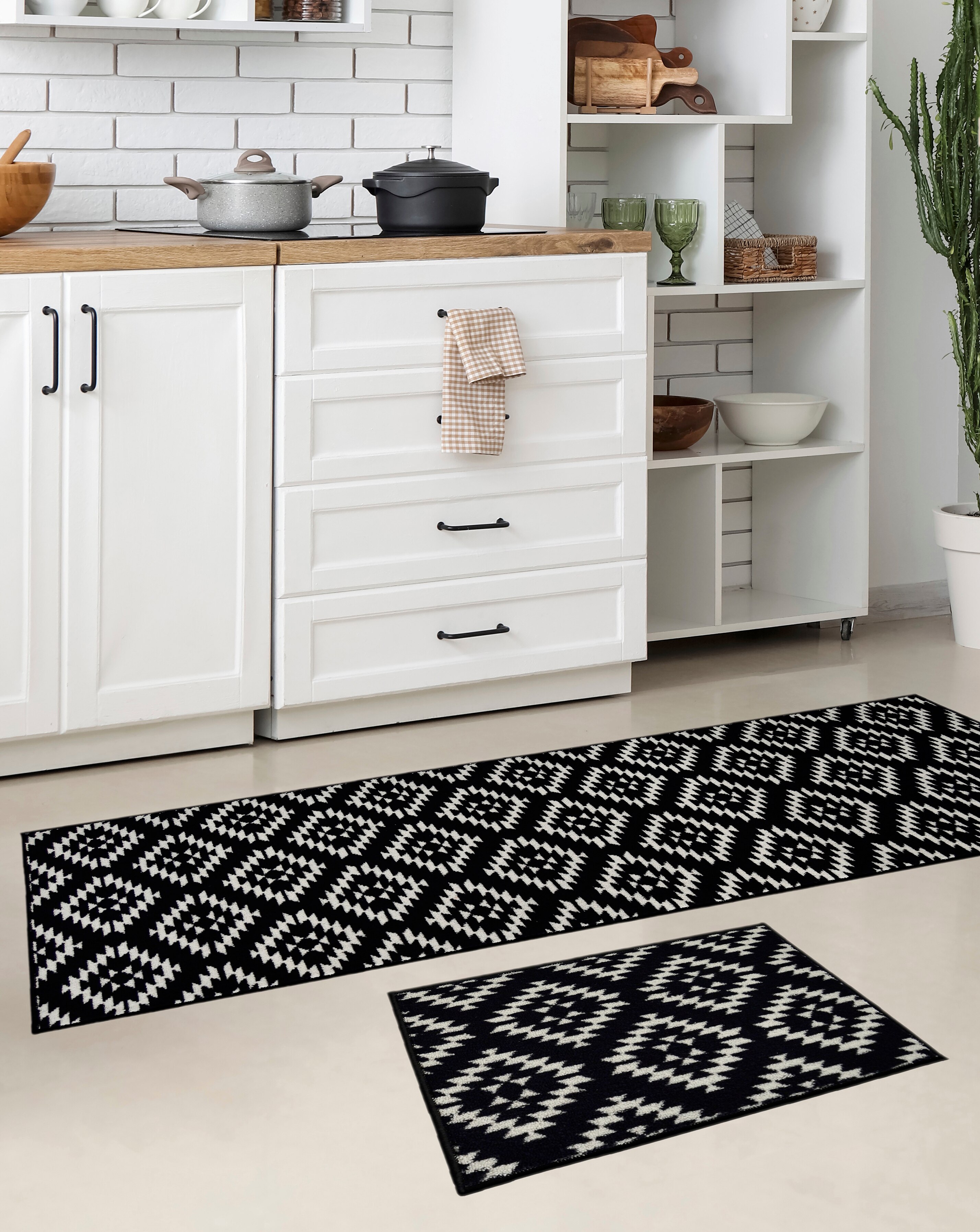 Aztec Runner & Doormat Set - Black