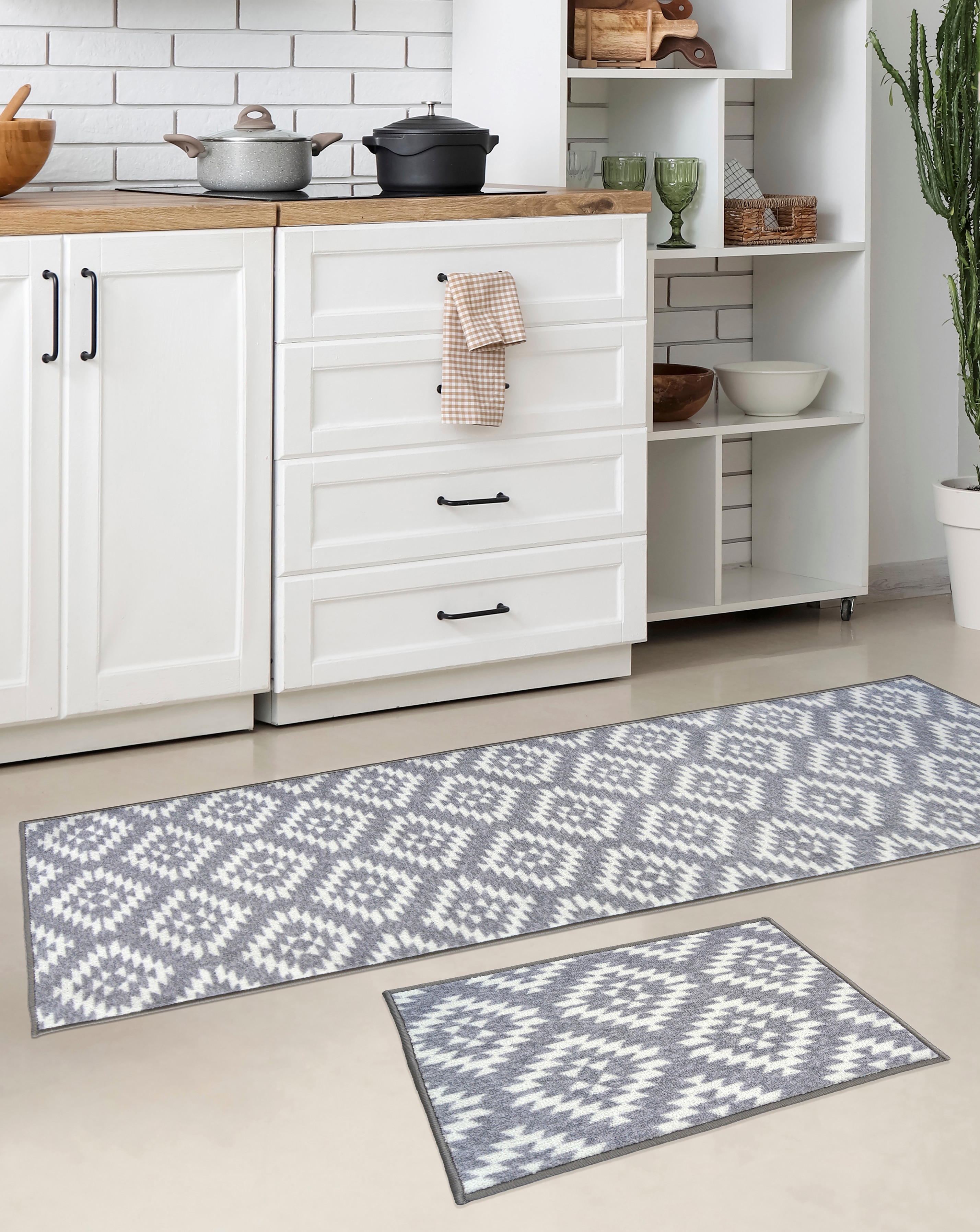 Aztec Runner & Doormat Set - Grey
